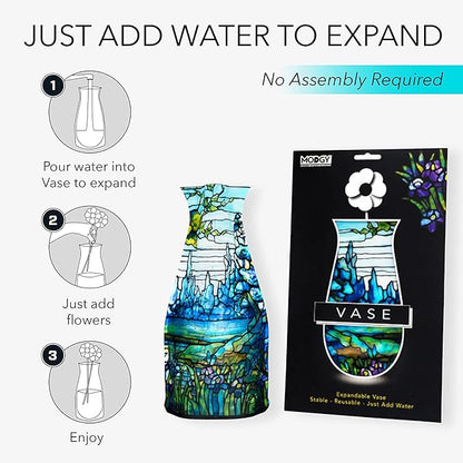 MODGY Expandable Flower Vase, Plastic Decorative Modern Foldable Printed Vases for Centerpieces for Wedding, Dining Table, Home Decor, Living Room, Bathroom, Iris Landscape, Louis C. Tiffany, 4 Pack