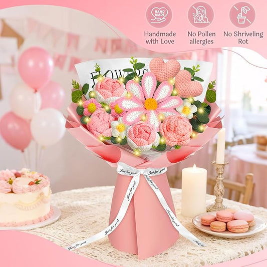 Crochet Flowers Bouquet with Lights,Handmade Knitted Roses Flowers, Gesang Flower, Crochet Heart, Crochet Gift for Wedding, Birthday, Anniversary, Mother’s Day for Her, Girlfriend, Wife, Women (Pink)