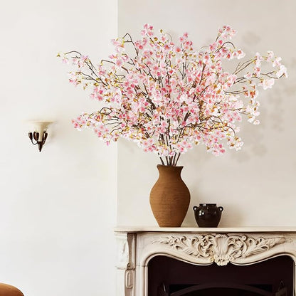 12 Pcs Artificial Cherry Blossom Flowers 40" Faux Silk Cherry Blossom Stems Fake Real Touch Peach Branches for Wedding Home Garden Japanese Decor White Pink