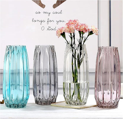 Modern Ribbed Blue Glass Vase for Flowers, Candles, and Decorative Accents - Tall/Short for Centerpieces and Table Decor (12.0inch)