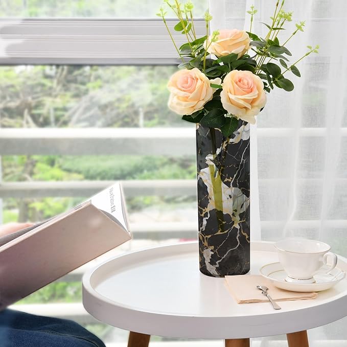 Flower Vase for Centerpieces, Black White Gold Marble Print Plastic Cylinder Vase, Clear Bud Vases for Home Wedding Office Table Decor
