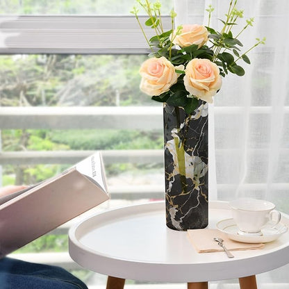 Flower Vase for Centerpieces, Black White Gold Marble Print Plastic Cylinder Vase, Clear Bud Vases for Home Wedding Office Table Decor
