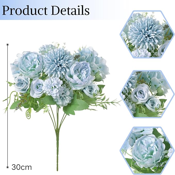 ASTRYAS Artificial Flowers, 2Pcs Blue Fake Peony Silk Peonies Faux Flowers Arrangements for Home Decor Wedding Party Christmas (Light Blue)