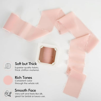 MEEDEE Blush Chiffon Ribbon 3 Inch Fringe Ribbons Pink Chiffon Silk Frayed Edge Ribbon Wide Chiffon Ribbons for Crafts, Flower Bouquet, Wedding Favors Wrapping (2 Rolls 10 Yards)