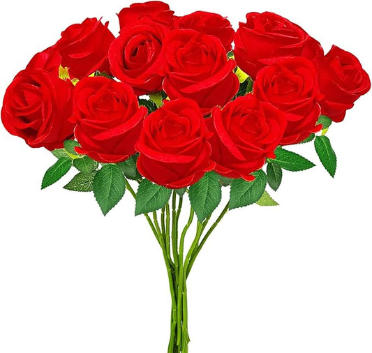 Red Artificial Roses with Long Stems, 24Pcs Realistic Roses Artificial Flowers, Faux Roses | Bulk Fake Flowers for Home Decor, Wedding Party Table Centerpieces, DIY Bouquet