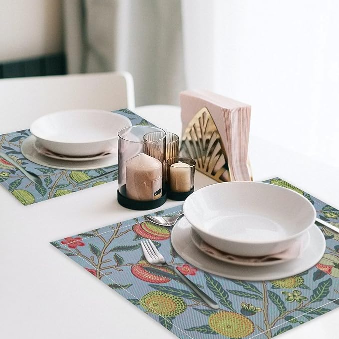 Vintage Fruit Placemats Set of 4, William Morris Retro Boho Flower Botanical Plant Place Mats, Heat Resistant Non Slip Cotton Linen Dining Table Mats for Home Kitchen Party 18x12 Inch
