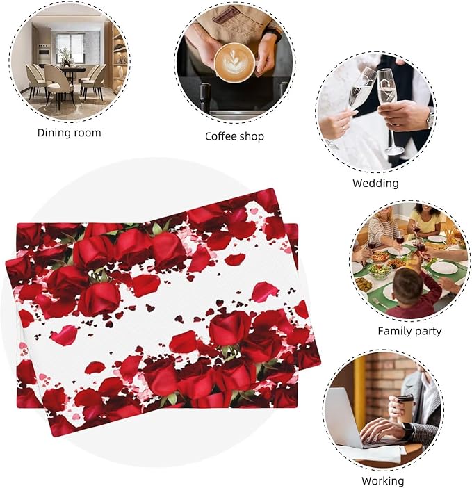 Rose Linen Table Placemats Set of 6 Romantic Red Flowers Place Mats for Home Party Kitchen Indoor Holiday Rustic Washable Heat Resistant Table Mats 12 x 18 Inch