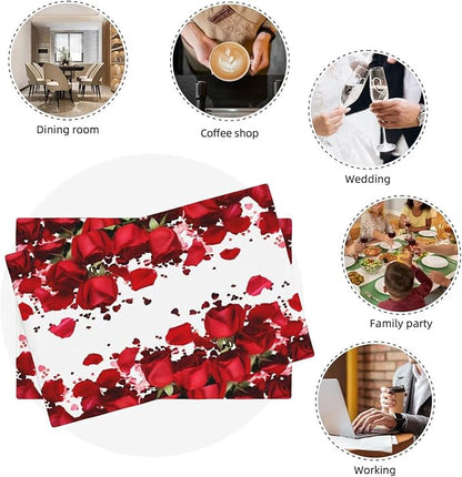 Rose Linen Table Placemats Set of 6 Romantic Red Flowers Place Mats for Home Party Kitchen Indoor Holiday Rustic Washable Heat Resistant Table Mats 12 x 18 Inch