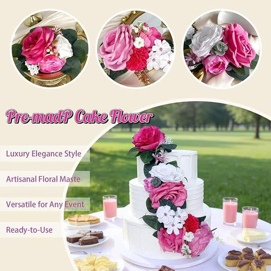 Pre-Made Hot Pink Silk Flowers for Cakes Decorations Fuchsia Light Pink Artificial Rose Peony Wedding Cake Toppers Decorating Fake Floral Anniversary Birthday Party Arrangements Table