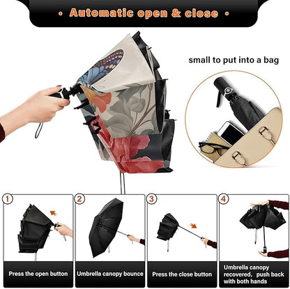 Automatic Folding Umbrella Windproof Strong, UV Protection Compact Floral Hydrangea Hummingbird Sun Rain Sun Rain Travel Umbrellas for Women Men