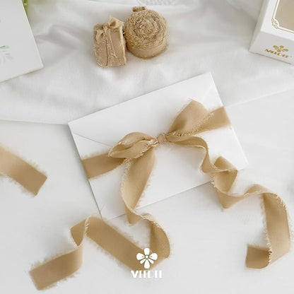 MEEDEE Beige Chiffon Ribbon 1 Inch Fringe Ribbons Cream Chiffon Silk Frayed Edge Ribbon Thin Chiffon Ribbons for Crafts, Gift Wrapping, Wedding Invitation (3 Rolls 21 Yards)