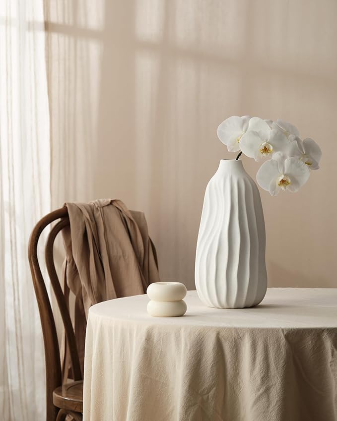 Ceramic Rustic Vase for Decor - 8.4Inch Farmhouse Vases - Decorative Vase for Home Decor, Living Room, Table, Boho - Shell White