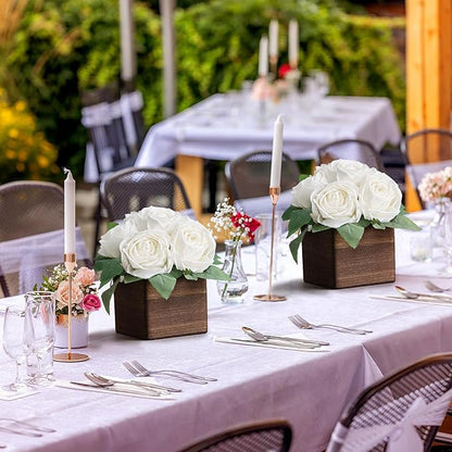 Dining Table Centerpiece Set of 6 - Pre-Made Aritifial Rose with Wooden Vase Fake Floral Arrangment Faux Flower for Wedding Bridal Tea Party Event Decorations - White