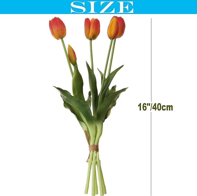 20pcs Artificial Tulip Flowers,16 Inch Real Touch Tulip Stems with Faux Leaves, Faux Tulips and Buds for Home Décor Centerpiece Ornament Wedding Bouquet,Orange