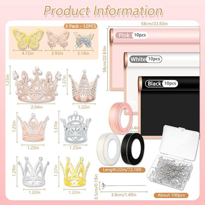 BAO-HUA-A2 Floral Bouquet Wrapping Kit, 60 Sheets Waterproof Paper, Black Pink Beige With Ribbons, Flower Pins, 3D Butterflies & Crowns for Florist Wrap