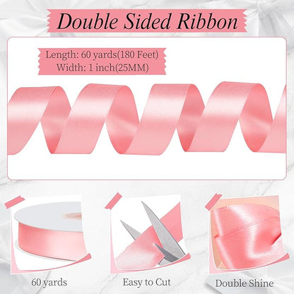 Pink Ribbon 1 inch 60 Yards Double Faced Pink Christmas Decor Ribbon for Lei Bows Crafts Gift Wrapping Flower Bouquet Wedding Party Vases Decorations