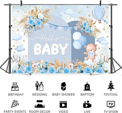 6x4ft Hello Baby Backdrop Blue Gold Boho Floral Bear Baby Shower Photography Background Balloon Stars Clouds Banner Decorations Welcome Newborn Celebration Party Portrait Photo Booth Prop