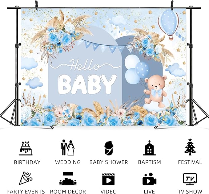 20x10ft Hello Baby Backdrop Blue Gold Boho Floral Bear Baby Shower Photography Background Balloon Stars Clouds Banner Decorations Welcome Newborn Celebration Party Portrait Photo Booth Prop