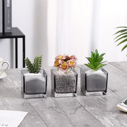 Square Flower Vases Set of 9, 3"x 3"x 3" Glass Vases for Centerpieces, Grey Vase for Flowers, Small Vase for Wedding, Party, Home Office Decoration