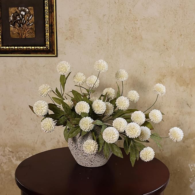 6 Pcs Faux Silk Pompon Mum Artificial Flowers for Vase -27", Bulk Fake Chrysanth Branches with Stems for DIY Bouquet Centerpieces Wedding Fillers Arrangements Shower Decorations (Cream)