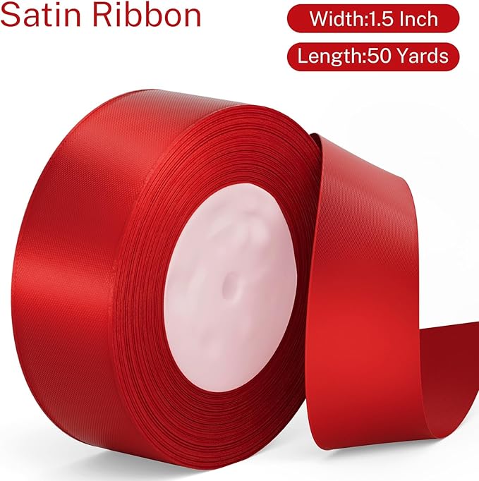Red Ribbon 1-1/2 Inch Red Satin Fabric Polyester Ribbon 50 Yards for Flower Bouquet Craft Wrapping Hair Bow Making Christmas Wreath Wedding Party Decoration