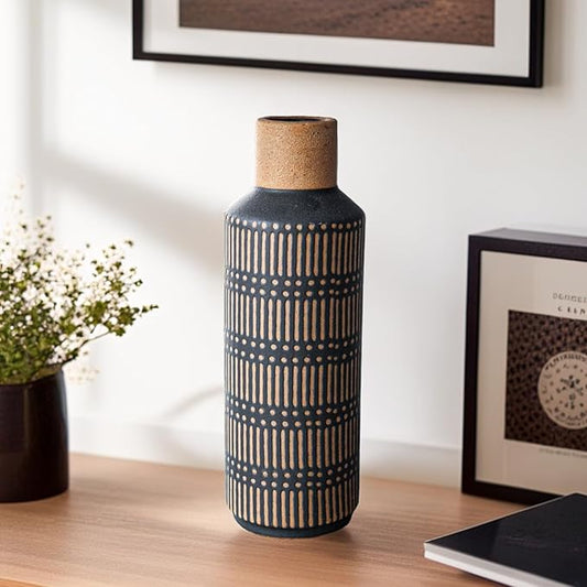 Rustic Ceramic Vase for Living Room Bedroom 11.02'' Antique Black Flower Vase for Bouquet Fake Plant Home Decor Office Table Shelf Fireplace Centerpieces Retro Vintage Classic Modern