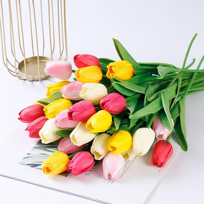 Sggvecsy 15 Pcs Fake Tulips Artificial Flowers Real Touch PU Faux Flowers Tulip Stems for Wedding Spring Bouquet Floral Arrangement Home Office Party Decorations for Mother's Day (Multi Colors)