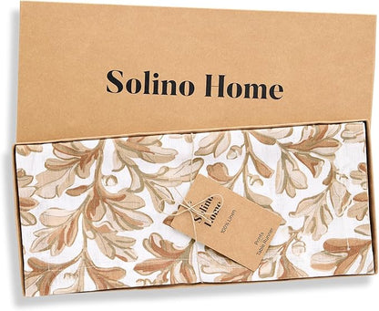 Solino Home 100% Pure Linen Fall Table Runner 120 Inches Long - Floral Print Table Runner 14 x 120 Inch for Autumn - Handcrafted and Machine Washable - Fallen Leaves Print