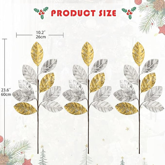 23.6” Christmas Tree Picks and Sprays 3Pcs Silver and Gold Artificial Magnolia Stems Magnolia Leaves Branches Fake Silver Leaf Floral for Vase DIY Xmas Tree Garland Wreath Centerpieces Wedding Decor