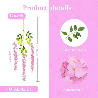 12 Pack Pink Wisteria Hanging Flowers Garland, 3.77 Feet Artificial Flower Vines, Fake Wisteria, Artificial Vines Hanging Garland for Backdrop Outdoor Yard Garden Decor