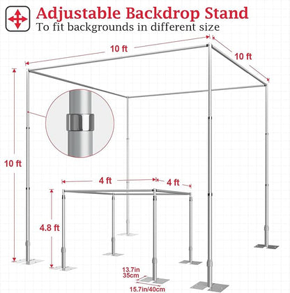 EMART 10ft Square Backdrop Stand Heavy Duty, Pipe and Drape Photo Background Support Kit, Adjustable Metal Frame with Flat Base for Wedding Birthday Party Decorations