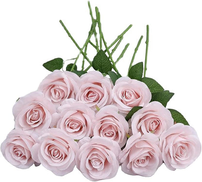 12pcs Roses Artificial Flowers Real Touch Fake Flowers with Long Stems Silk Flowers for Wedding Bouquet Centerpices Decorations Party Bridal Baby Shower Home Decor (Dusty Pink)