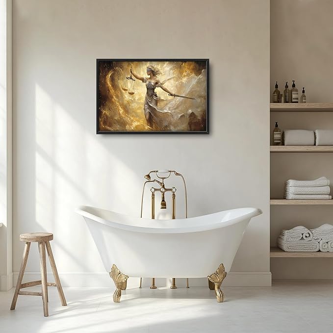 Lady Justice Large Wall Art Scales of Justice Pictures Wall Decor Themis Justitia Canvas Legal Principles Print Painting Modern Artwork Decoration for Lawyer Office Living Room Bedroom Bathroom Framed 24"x36"