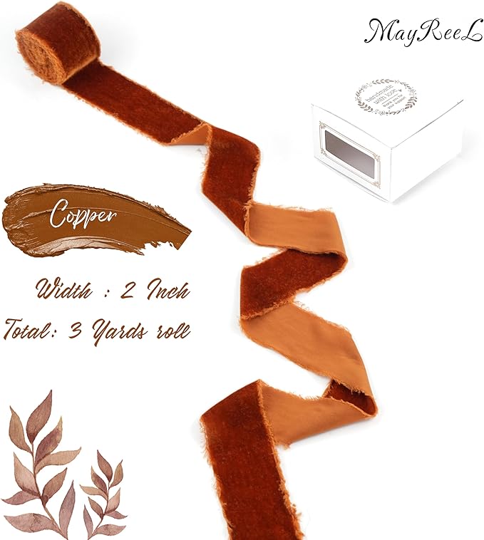 MAYREEL 2 Inch Copper Velvet Ribbon Hand Torn Auburn Silk Frayed Edge for Bridal Bouquets Invitations Wedding Vow Books Gift Baskets Hair Bows 3 Yards
