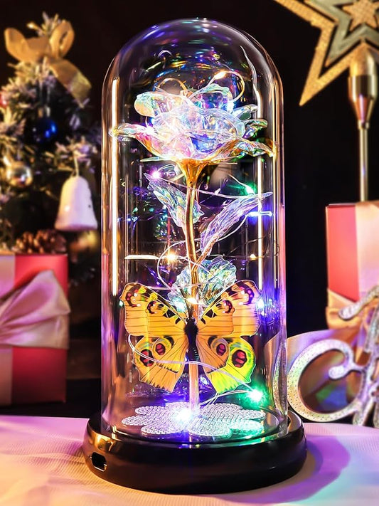 Christmas Rose Gifts for Women, Womens Gift for Christmas Rechargeable Galaxy Glass Rose Light Up Roses In Glass Dome Colorful Crystal Flower Butterfly Birthday Xmas Gifts for Women Her Wife Grandma