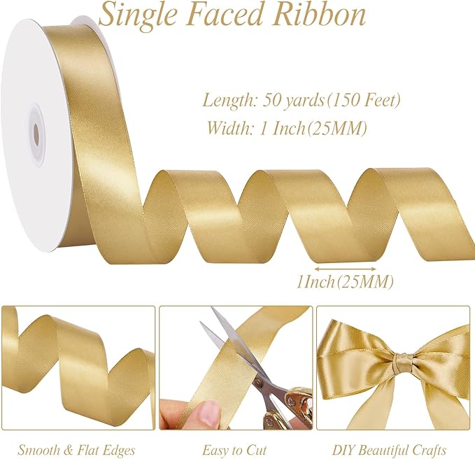 Gold Ribbon 1 Inch 50 Yards Gold Satin Ribbon Gift Bows for Wedding Party Holiday Christmas Decorations Gift Wrapping Ribbons Crafts Hair Bows