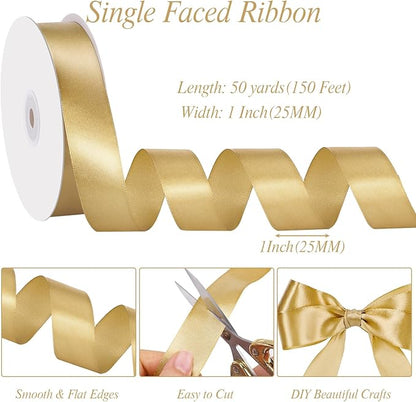 Gold Ribbon 1 Inch 50 Yards Gold Satin Ribbon Gift Bows for Wedding Party Holiday Christmas Decorations Gift Wrapping Ribbons Crafts Hair Bows