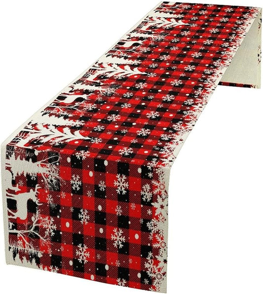 Christmas Table Runner,Red Black Plaid Xmas Snowflakes Deer Trees Print Tablecloth Burlap for Hotel Indoors Outdoor Dining Room Kitchen Home Decor,W13X L36 in