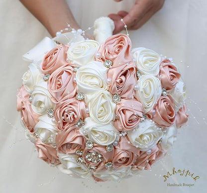 Bridal Wedding Bouquet Round Bling Brooch Bouquet Throw Toss Artificial Rose Flower Bunch for Bride Bridesmaid Wedding Quinceanera(Peach Pink & Ivory, 9.8")
