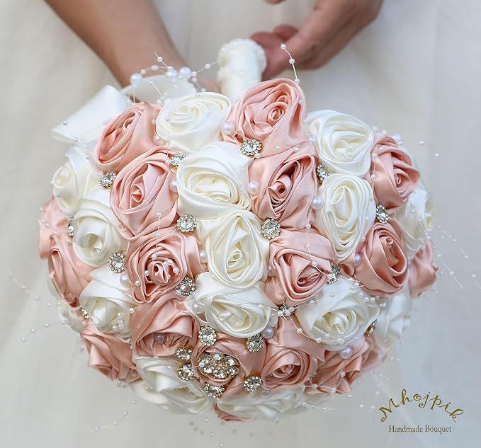 Bridal Wedding Bouquet Round Bling Brooch Bouquet Throw Toss Artificial Rose Flower Bunch for Bride Bridesmaid Wedding Quinceanera(Peach Pink & Ivory, 7.5")