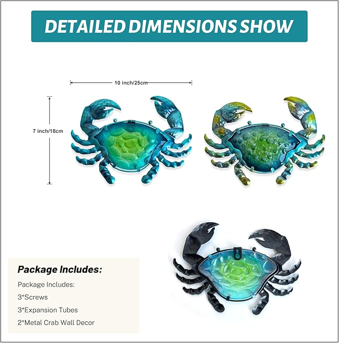 LIFFY Metal Crab Wall Art Decor Ocean Wall Hanging Coastal Wall Sculptures Beach Theme Wall Decoration for Indoor Outdoor Bathroom Bedroom Living Room Garden Pool (10inch,2 pcs)