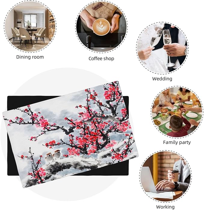 Ink Painting Cherry Blossoms Placemats Set of 4,Vintage Chinese Art Ink Painting Flower Linen Placemats Decoration for Family Dinners, Party, Holidays, Gathering 6 PCS