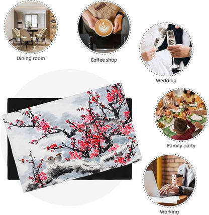 Ink Painting Cherry Blossoms Placemats Set of 4,Vintage Chinese Art Ink Painting Flower Linen Placemats Decoration for Family Dinners, Party, Holidays, Gathering 6 PCS