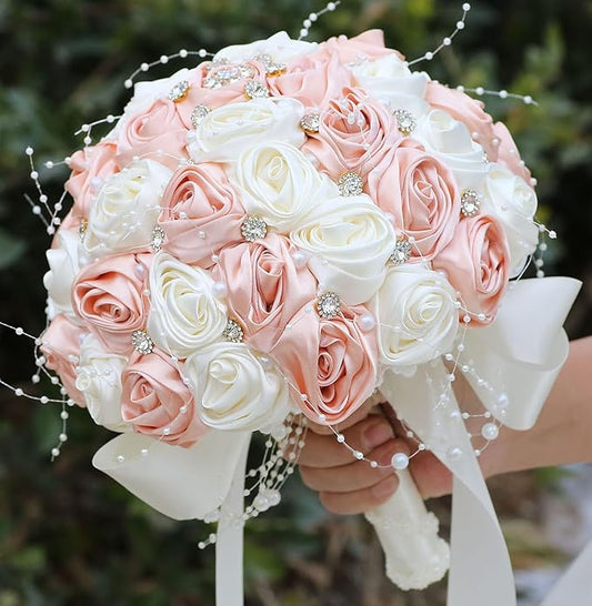 Bridal Wedding Bouquet Round Bling Brooch Bouquet Throw Toss Artificial Rose Flower Bunch for Bride Bridesmaid Wedding Quinceanera(Peach Pink & Ivory, 8.7")