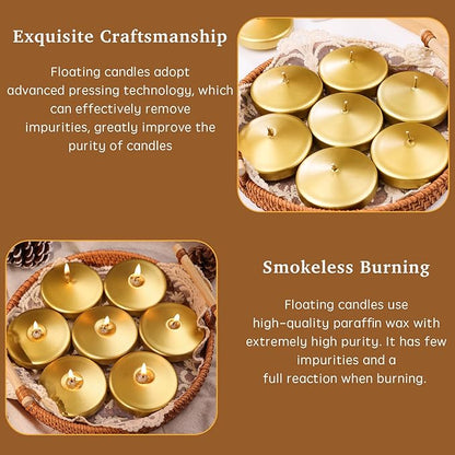 3 inch Floating Candles 36 Packs Gold Floating Candle for Centerpieces 8-9 Hours Floating Candles 3” Water Candles for Cylinder Vases, Pool, Wedding, Christmas