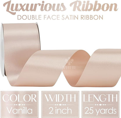 MEEDEE Vanilla Satin Ribbon 2 Inch Vanilla Ribbon Lux Double Faced Ribbons by 25 Yards Silk Ribbons for Gift Wrapping, Satin Weddings, Flower Bouquet, Holiday Decorating