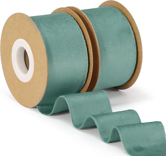 Sage Green Velvet Ribbon, 1-1/2 inch Wide Handmade Fabric Ribbons for Christmas Decor, Flower Bouquet, Wedding Decoration, Baby Shower, 2 Rolls