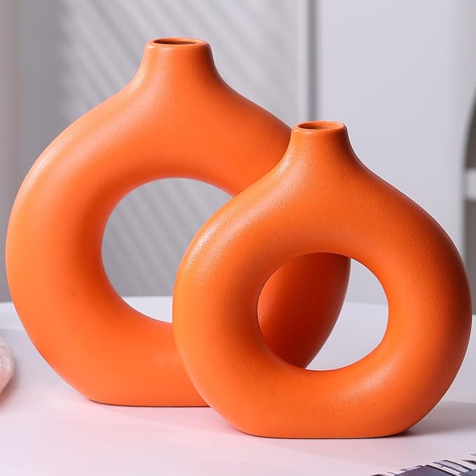 Modern Donut-Shaped Decorative Vases, Handmade Minimalist Boho ins Style, Modern Vase for Home Decor for Wedding Dinner Table Party Living Room Office Bedroom (Orange, Extra Large + Large)