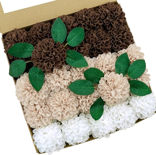 Artificial Flowers, 25pcs Artificial Rose for DIY Bouquets Arrangement,Chocolate and Tan Dahlia Flowers Foam Fake with Stems for Wedding Shower Party Floral Arrangements Tables Home Decorations
