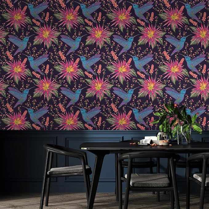 Abstract Black Pink Hummingbird Floral Peel and Stick Wallpaper Easy Peel Off Contact Paper Stick on Adhesive Wall Paper for Bathroom Waterproof Renter Friendly